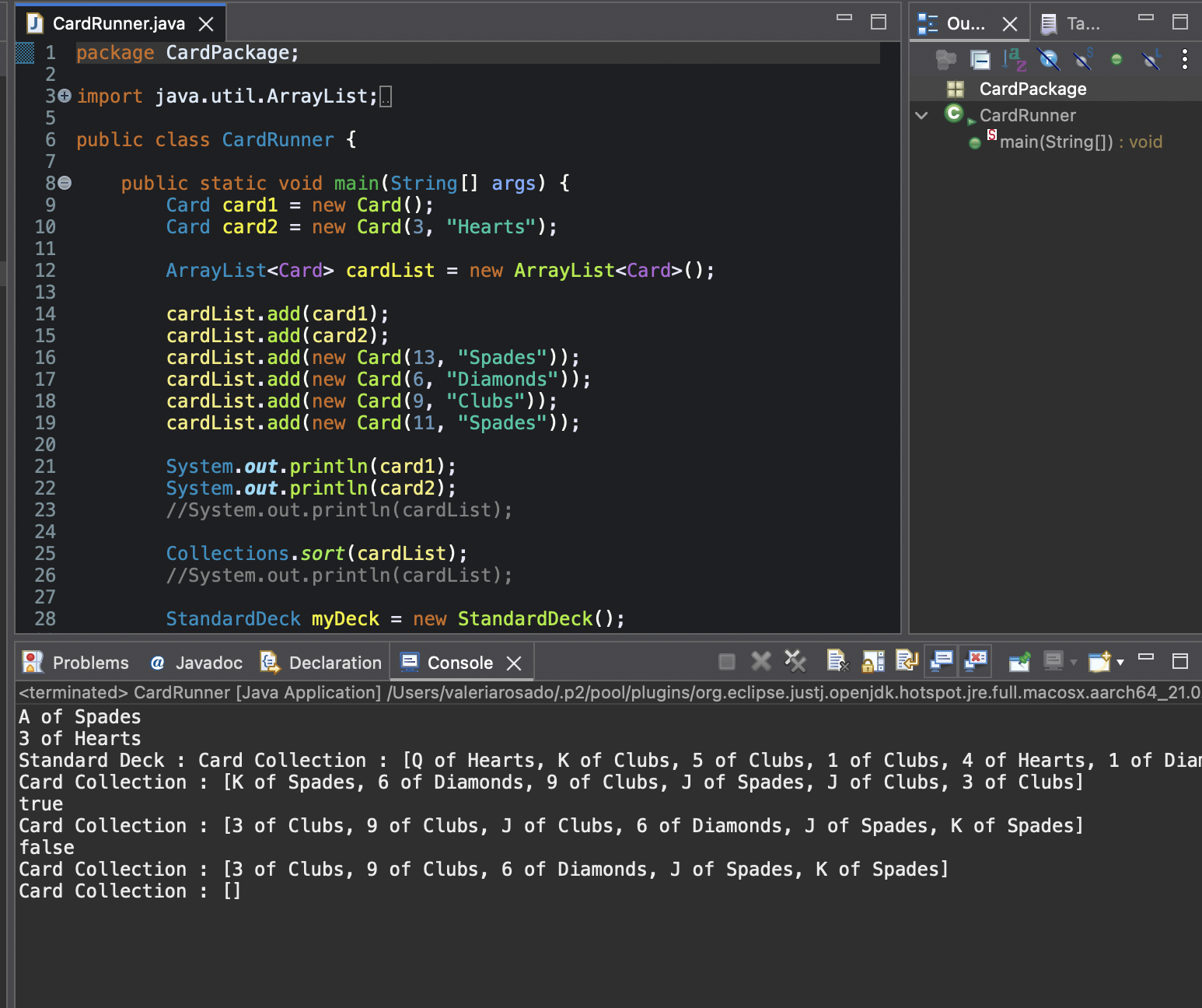 Java card game code and console output
